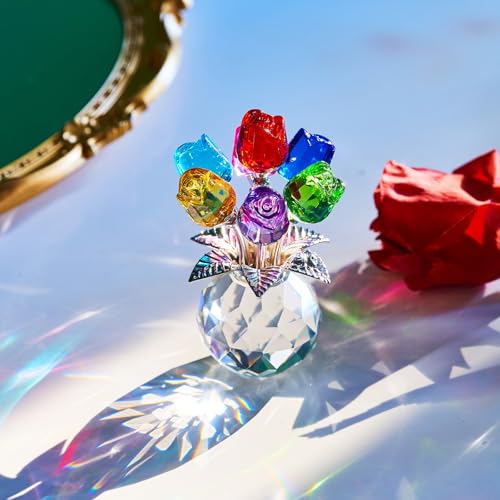 Crystal Flower Rose Glass Flowers Decoration Birthday Gifts for Women Girl Wife Girlfriend Ornament Bouquet for Wedding Anniversary Mom from Daughter Son (Multicolor Rose 02) - color: Multicolor