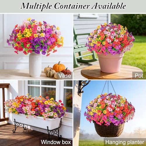 Artificial Flowers for Outdoor Decoration -16 Bundles UV Resistant Fake Faux Flower,Spring Faux Plants Outside Decor for Indoor Home Garden Porch Window Box,Red Rose Red Purple Yellow Pink - color: Red Rose Red Purple Yellow Pink
