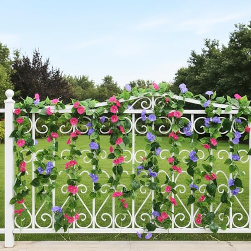 GTIDEA 4Pcs Fake Vines 30Feet Artificial Hanging Morning Glory Flower Garland Mixed Color Faux Vines for Outdoors for Wall Fence Indoor Wedding Decor - color: Purple & Red-4pcs