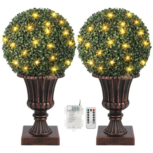 IDEALHOUSE 24 Inch Outdoor Artificial Trees with Lights, 2-Pack Pre-Lit Topiary with Remote & Timer, UV Resistant Faux Plants in Vintage Urn Pot for Porch, Patio, Home Decor, Rusitc Red Base - color: Rusitc Red Base