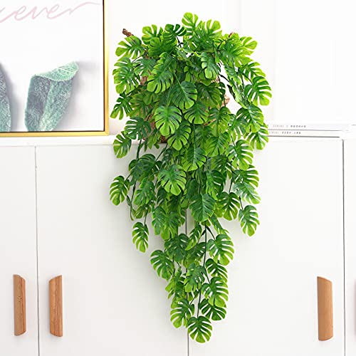 Artificial Hanging Plants 2 Pack, Monstera Leaves Fake Vine Ivy Leaf Green Rattan Greeny Tropical Palm Outdoor UV Resistant Plastic Plants for Bedroom Home Garden Office Wedding Décor - color: Monstera Vine - 2pcs