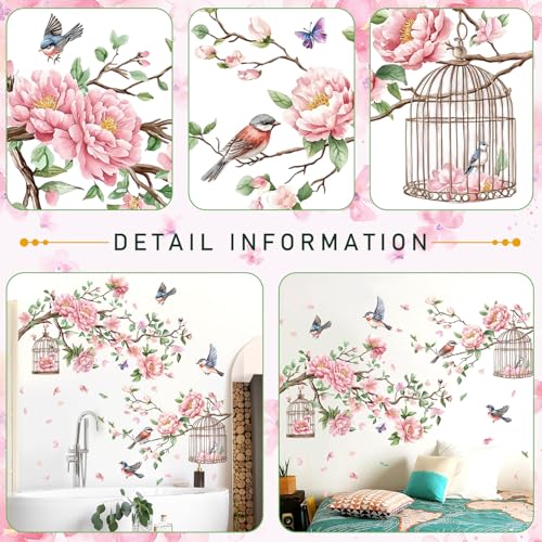 Removable Large Flowers with Tree Branches Wall Stickers – DIY Peony Floral Birds Wall Decals, Peel and Stick Leaves & Birdcage Wall Decor for Kids Girls Bedroom, Nursery, Living Room, Classroom