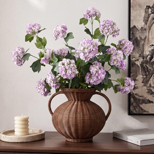 4 Pcs 33" Tall Artificial Snowball Hydrangea Flowers, Silk Hydrangeas with 20 Heads Long Stem for Tall Vase Decor, Wedding Table Centerpiece, Outdoor Living Room Arrangement(White Purple) - color: White Purple