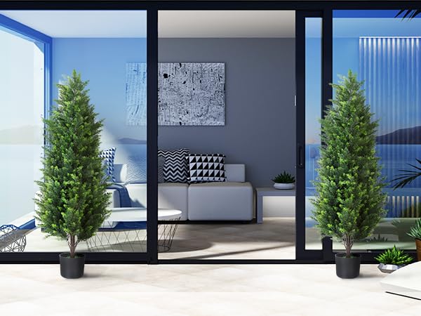 4FT Tall Artificial Cedar Topiary Trees Set of 2, Artificial UV Resistant Potted Plants, Faux Bushes Fake Shrubs for Outdoor Indoor Home Entryway Front Porch Garden Patio Offices Living Room Decor