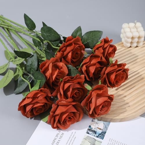 Laelfe 12 PCS Artificial Flowers Roses Silk Flowers Fake Long Stem Artificial Roses for Home Wedding Bathroom Kitchen Decorations(Brown Orange) - color: Brown Orange