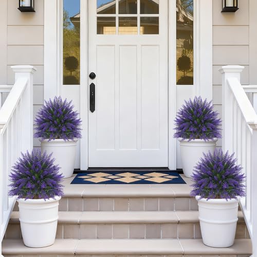 Artificial Lavender Topiary for Outdoors 2 Set of 16'' UV Resistant Evergreen Fake Shrubs Bushes with Ground Spike Topiary Ball Faux Plants for Outdoor Indoor Front Porch Garden - color: Lavender
