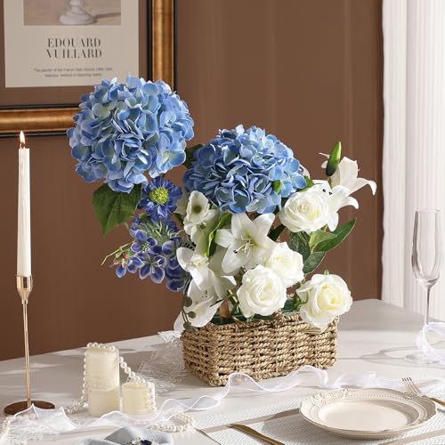 Nubry 2Pcs Blue Hydrangea Artificial Flowers, 22.5In Latex Faux Real Touch Large Hydrangea Flowers with Long Stems & Leaves for Home Office Decor Wedding Party Arrangements(Blue) - color: Blue, size: 2 Pcs