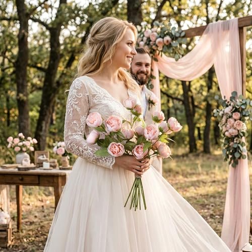 florisso 6 Pcs 27" Faux Silk Artificial Peony Flowers, Fake Peony Branches for Vase DIY Bouquet Centerpieces Wedding Shower Decorations/Flesh Pink - color: Flesh Pink