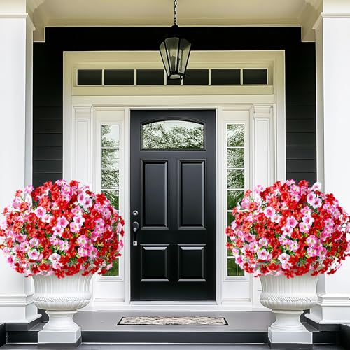 Artificial Flowers for Outdoors, 12 Bundles Mixed Color Artificial Petunias Fake Flowers for Outside, UV Resistant Realistic Silk Flowers for Decorations, Outdoor Faux Flowers Plants for Garden Porch - color: Mixed Red, size: 12 Pack