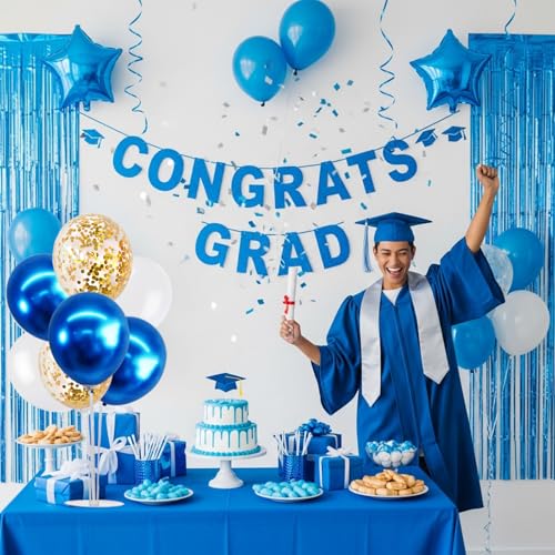 TONIFUL 4 Set White Blue Gold Balloon Centerpieces for Table,Balloon Bouquet Kit for Retirement,Baby Boy Baptism Party,Class of 2026 Graduation Decoration,Birthday Decorations - color: Blue White Gold