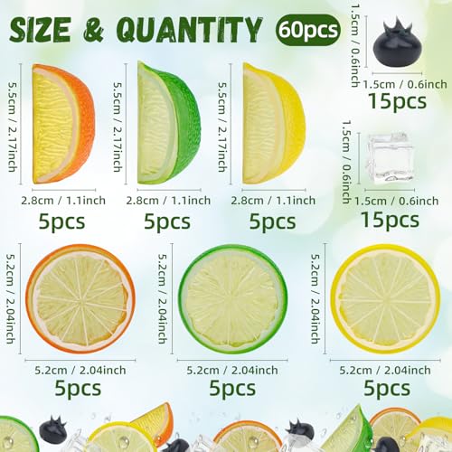 Woration 60pcs Artificial Lime Lemon Blocks Slices Fake Plastic Faux Blueberries Fruit Ice Cub Summer Decoration Food Prop for Vase Fillers Party Kitchen Ornament - color: Artificial Fruit & Ice Cubes Set - 5