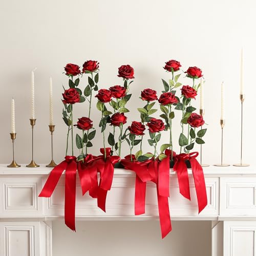 50PCS Artificial Silk Roses in Bulk & Bouquet Long Stem – Realistic Fake Roses for Wedding Centerpieces, Home Decor, Floral Arrangements, Party Decoration (Burgundy) - color: Burgundy, size: 50 Pcs