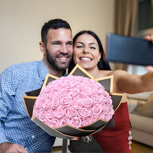 Waipfaru Pink Roses Artificial Flowers Bulk, Real Touch Velvet Roses with Wrapping Paper, 50 Pcs Fake Flowers for Wedding Centerpieces Bridal Bouquet Valentines Mothers Day Decor - color: Pink, size: 50 Pcs