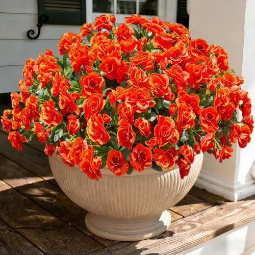 Artificial Faux Flowers Plants for Spring Outdoor Outside Decor, Fake Silk Orange Camellia UV Resistant Look Real for Autumn Planter Porch Patio Balcony Garden Yard Decoration, 3 Large Bundles - color: Fall Orange