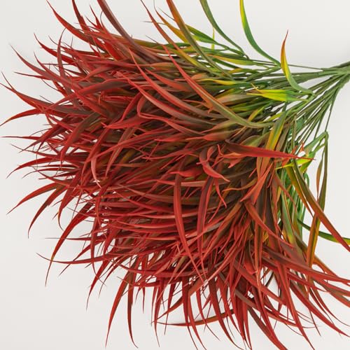 Ouddy Decor 16 Bundles Artificial Plants Outdoor Fake Grass Greenery Stems UV Resistant Faux Plastic Plants Shrubs for Spring Summer Garden Pathway Window Box Farmhouse Front Porch Home Decor, Red - color: Red