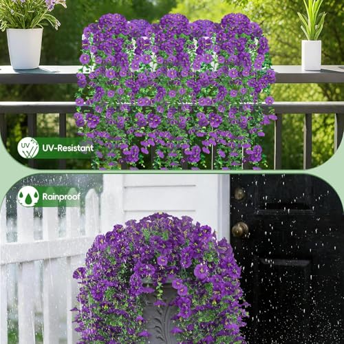 Artificial Hanging Flowers for Outdoors, 4Pcs UV Resistant Artificial Hanging Morning Glory Flowers, Spring Realistic Faux Outdoor Flower for Porch Patio Yard Garden Farmhouse Decor (Purple) - color: Purple
