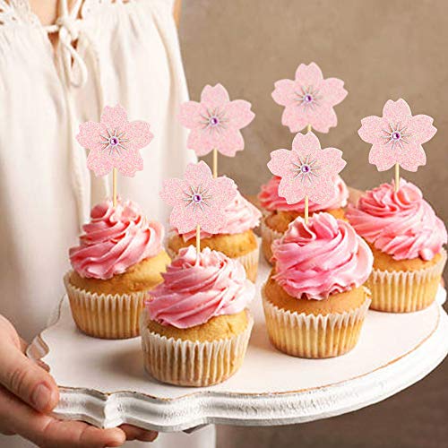 30Pcs Glitter Pink Cherry Cupcake Toppers Cherry Blossoms Pink Flowers Cupcake Picks for Spring Floral Baby Shower Bridal Shower Girls Floral Birthday Wedding Anniversary Party Decorations - color: Pink Cherry