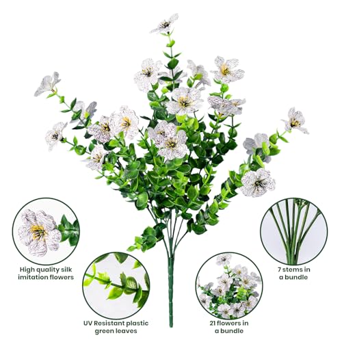 Lnoicy 20 Bundles Artificial Fake Flowers for Outdoor Faux Eucalyptus Flowers for Home Decoration,Fake Plants UV Resistant for Porch/Garden（White） - color: White