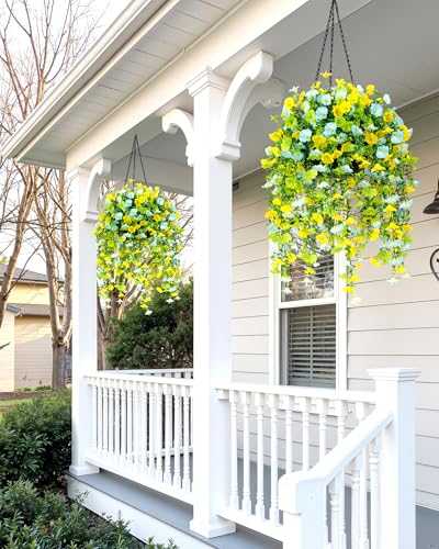 2 Pack Artificial Hanging Flowers Basket Set, Cascading Morning Glory | UV Resistant Artificial hanging flowers for porch,Patio,Garden,outdoor decorations,24 stems, 10in baskets and no watering - color: 2 Pack Baskets/Blue Green Yellow