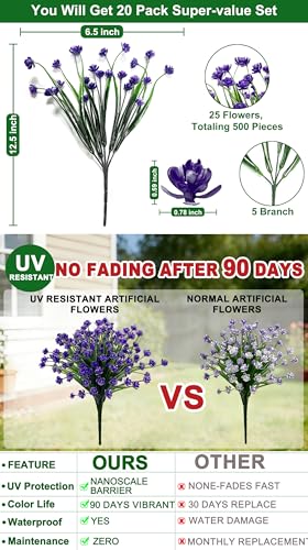 TURNMEON 20 Bundles Artificial Flowers for Outdoors, Summer Spring Grass Camellia Fake Flowers Plastic Plants, UV Resistant No Fade Faux Greenery for Gardens Porch Cemetery Decor 500 Heads(Purple) - color: Purple, size: 20 Bundles
