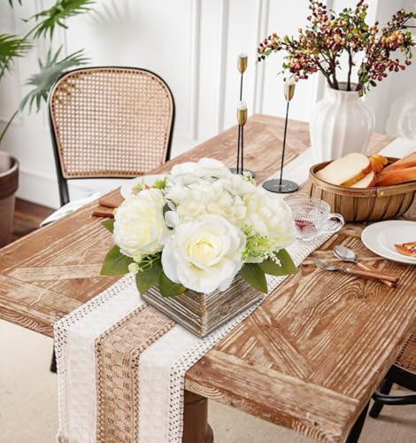 Flower Arrangement with Wooden Vase 8" Artificial Flowers in Pot - Fake Flowers Roses Peonies Hydrangeas in Wooden Vase Potted Artificial Flower Centerpieces for Table Decor Living Room - White - color: 8"h White
