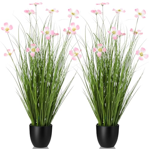 Jexine 2 Pack 3ft/35inch Artificial Outdoor Grass Plant Tall Faux Greenery Grass in Pot with Fake Pink Cosmos for Housewarming Wedding Gifts Spring Home Office Indoor Outdoor Decor - color: Cosmos, size: 3ft