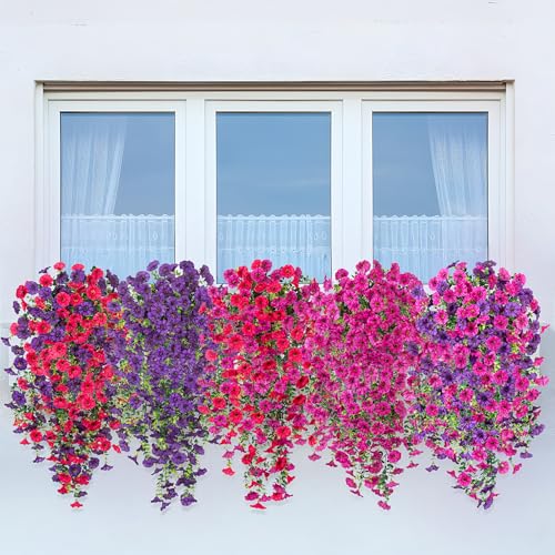 Artificial Hanging Flowers for Outdoor, 2pcs Fake Plants Long Vine Morning Glory Eucalyptus, Spring Summer UV Resistant Realistic Faux Greenery Indoor Outside Patio Porch Garden Decor, Hot Pink Purple - color: Hot Pink Dark Purple