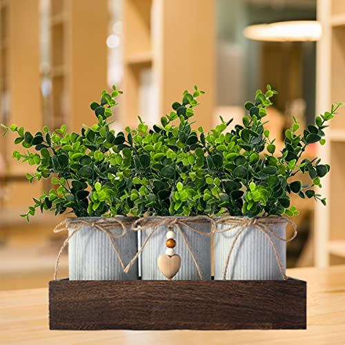 CALAVAK Decorative Centerpiece Wooden Tray with 3 Metal Potted Artificial Eucalyptus Rustic Country Home Décor for Dining Room, Living Room and Kitchen Table - style: Eucalyptus