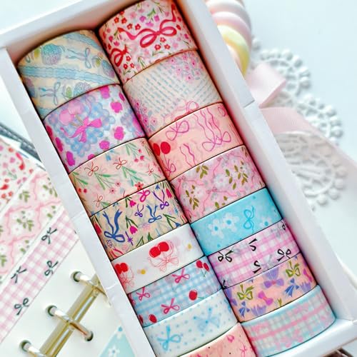 16 Rolls Vintage Washi Tape Set with Bowknot Patterns, Decorative Scrapbook Tape for Journaling Supplies, DIY Crafts and Bullet Journals - color: Pink