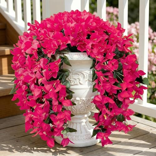 Artificial Flowers for Outdoors Fake Hot Pink Bougainvillea Hanging Flower Decoration, 2Pcs Realistic Faux Silk Plants Long Trailing Vines, Spring Decor for Porch Patio Balcony Planter Yard - color: Bougainvillea - Hotpink