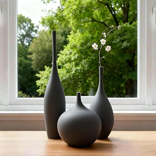 Relexome Black Ceramic Vase Modern Boho Wabi-Sabi Flower Vase Set of 3 Decorative Aesthetic Vases for Centerpieces Matte Minimalist Vases for Living Room Table Shelf Home Decor Gift - color: Black