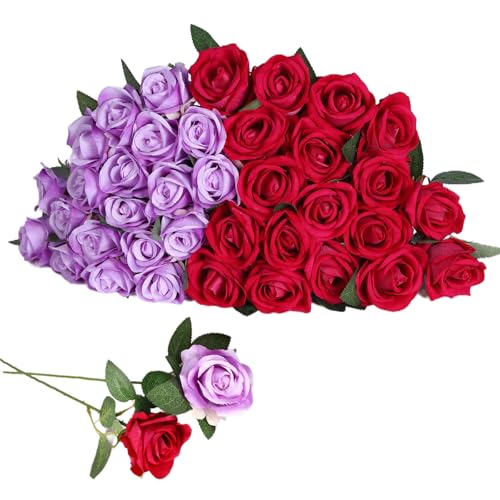 40 PCS Artificial Flowers Fake Roses with Long Stem Realistic Artificial Flowers Bulk for Wedding Party Home Bathroom Kitchen Decor (Rose+Purple) - color: Rose+purple