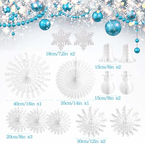 PAPER JAZZ 13 PCS Christmas Snowflake Decorations,White Paper Snowflake Hanging Ornaments,Christmas Honeycomb Decorations with Paper Fan/Garland/Snowman for Ceiling/Wall,Winter Wonderland,Winter Decor - color: Paper Snowflake
