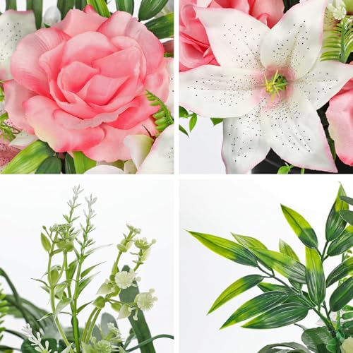 Hollyone Artificial Cemetery Flower for Graves, White Pink Faux Lily Rose Flowers in Pot Silk Cemetery Memorial Flowers for Outdoors Gravesites Headstones Home Decoration - color: Pink-rose Lily