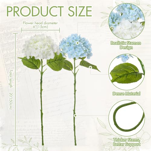 XunYee 4 Pcs Hydrangea Artificial Flowers 20 Inch Blue and White Faux Hydrangea Flowers with Long Stem Realistic Fake Hydrangeas Arrangements Wedding Bouquet Table Centerpieces Home Indoor Decor - color: White, Blue
