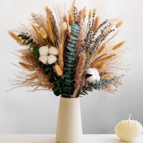 Nordic Elegance Dried Flower Bouquet – Premium Pampas, Cotton & Eucalyptus Arrangement in Timeless Neutral Tones for Modern Home Decor (93pc Pampas Grass) - color: 93pc Pampas Grass