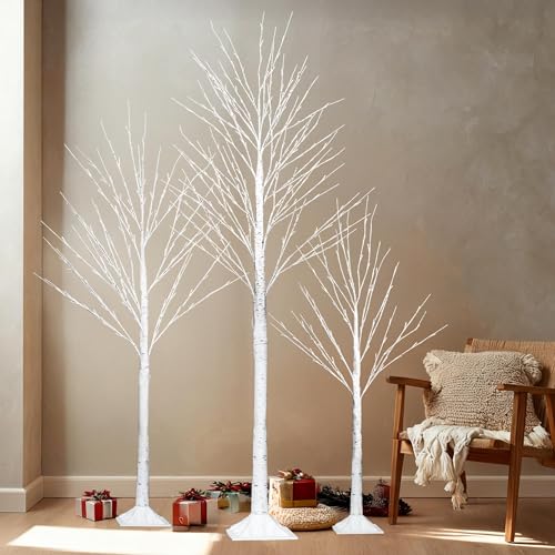 TW SHINE Set of 3 Lighted Birch Tree, 4FT 6FT 8FT White Artificial Christmas Tree with Total 456 LED Light, Prelit Waterproof Christmas Decoration for Indoor Outdoor Thanksgiving Wedding Holiday - color: 3 Pack