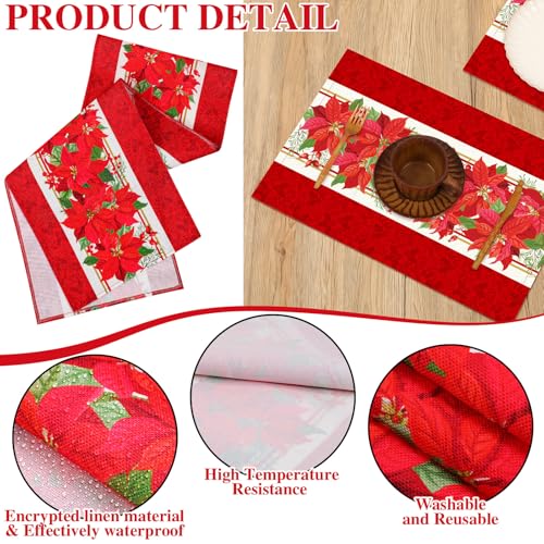 VitalCozy 7 Pcs Poinsettia Placemats Set of 6 Christmas Table Runner and Placemats 72 Inches Christmas Table Runner and Placemat Set Poinsettia Decorations for Home and Kitchen Holiday Indoor Dining - style: Poinsettia