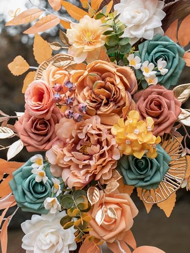 Lisuun Wedding Arch Flowers, Artificial Flowers for Decoration, Large Flower Swag for Boho Styles Wedding Ceremony Floral Decor - Pack of 2 - color: Orange&pampas Dark Coffee