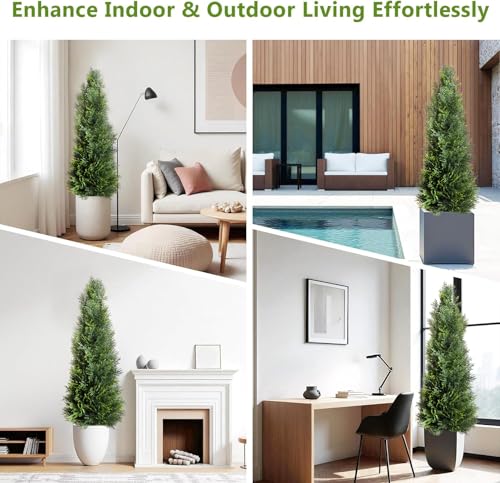 Artificial Cedar Trees with Ground Stakes, 3 Feet Tall, UV-Resistant Faux Cypress Plants for Indoor Outdoor Garden, Green, 2 Pack
