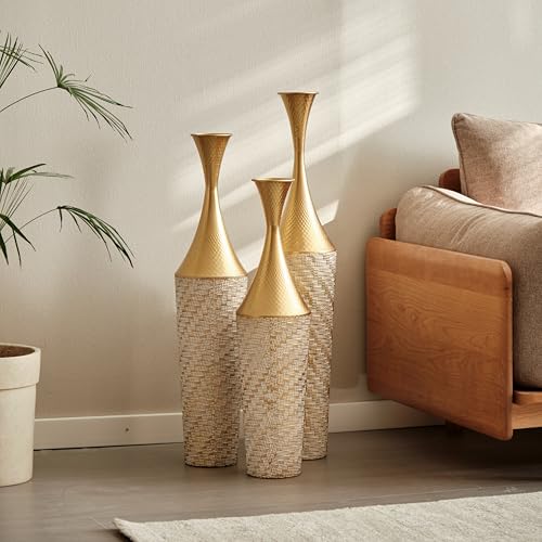 Floor Vases, Tall Home Decor Metal Vase Set of 3 Large Glazed Decorative Vases for Wedding Decor, Elegant Modern Flower Holder for Living Room, Entryway, Hallway - color: Lattice White Gold