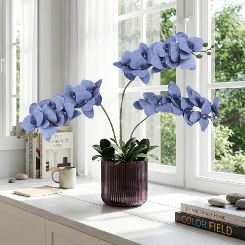 6 Pcs Blue Artificial Phalaenopsis Orchid Flowers 30" Velvet Silk Faux Orchid Stems Tall Fake Orchid Plants for Bathroom Office Wedding Party DIY Floral Arrangements (Blue) - color: Blue