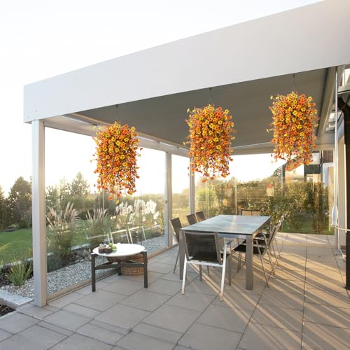 Homsunny Fall Artificial Fake Mums Hanging Flowers Plants Basket for Outdoor Autumn Decoration, Fake Silk Orange Planters UV Resistant Look Real for Home Patio Balcony Yard Porch Decor(Yellow Orange) - color: Orange Yellow