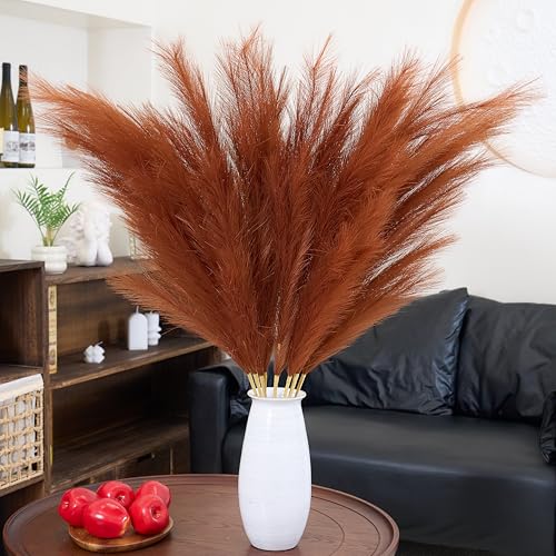 Premium Pampas Grass, Faux Burnt Orange Pampas Grass – 8pcs 43.3″ 110cm Tall Fluffy Pampa Decor, No Assembly 18-Branch One-Piece Stems, Luxury Feather Flowers for Boho Wedding Home Floral Decorations - color: Faux Burnt Orange, size: 8pcs 43.3"(110cm)