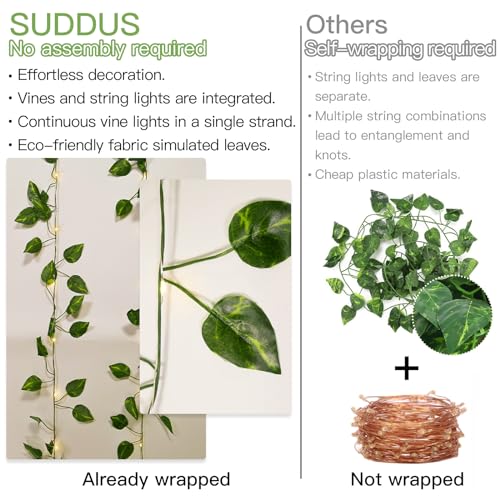 suddus Fake Vines with Lights Battery Operated, 20 LED 6.56FT Pothos Garland Fairy Lights with Timer, Leaf String Lights for Bedroom,Room,Window,Wall,Party,Garden,Wedding Indoor Decor (Warm White) - color: Pothos, size: 20 LED-Copper Wire Battery-Powered