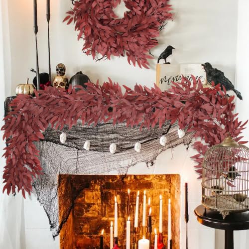 RECUTMS 2Pcs Faux Willow Leaves Vine 6Ft Full Burgundy Fall Garland | Fake Silk Leaf Ivy Artificial Italian Ruscus Greenery for Fall Home Garden Wedding Thanksgiving Party Indoor Outdoor Decor - color: Willow Full Burgundy