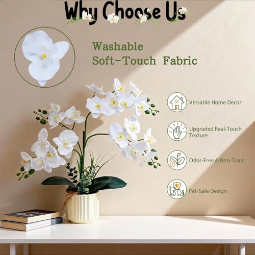 ucky White 15.7" 3D Lifelike Artificial Orchid Plant with 20 Heads, Realistic Faux Phalaenopsis in Ceramic Pot for Home Decor, Elegant Fake Flower Arrangement Table Centerpiece - color: White