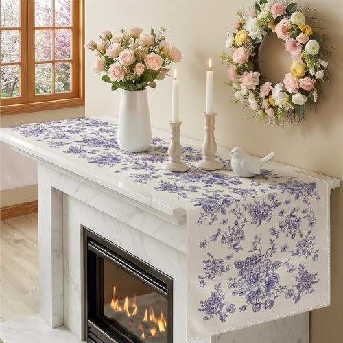 Larponder Summer Blue and White Table Runner, Flower, 13x108 Inch | Seasonal Anniversary Holiday Kitchen Dinning Table Home Party Decor - color: Blue Flower, size: 13" x 108" (Rectangular)