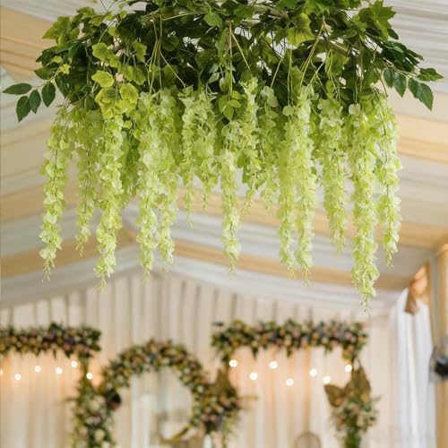 HUAHUA Artificial Wisteria Flowers, White Dense Artificial Fake Wisteria Vine Ratta Hanging Garland Silk Flowers String for Home Party Wedding Decor (24pcs Green) - color: 24pcs Green