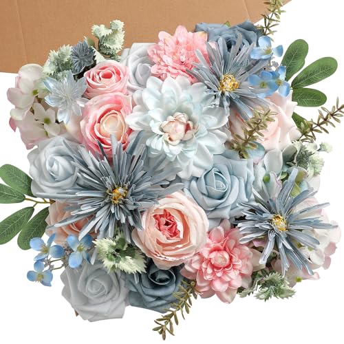 Blue Pink Artificial Flowers Set - Fake Roses, Peonies, Silk Flowers with Stems for DIY Wedding Bouquets,Floral Arrangement,Table Centerpieces,Baby Shower, Home Decor - color: Blue&pink